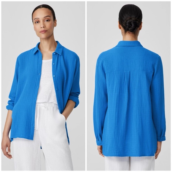 Eileen Fisher Tops - Eileen Fisher 100% Organic Blue Cotton Lofty Gauze Classic Collar Shirt Size M